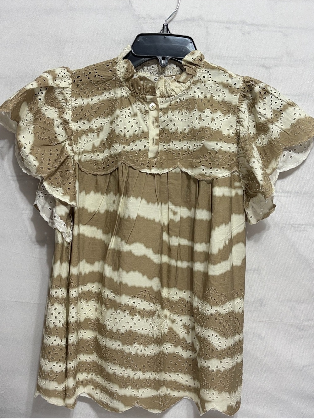 SEA Eyelet Tie-Dye Ruffle Sleeve Blouse - Taupe & Cream